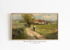 an oil painting of a man walking his dog down a dirt road in front of a farm