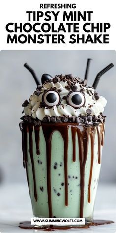 an ice cream sundae with chocolate sprinkles and googly eyes on top