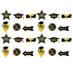 black and gold graduation party decorations with stars, balloons and confetti stickers