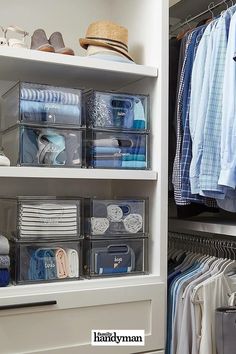 the closet is organized with clear plastic containers and folded shirts, hats, and other items