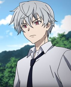 an anime character with white hair and red eyes wearing a tie in front of trees