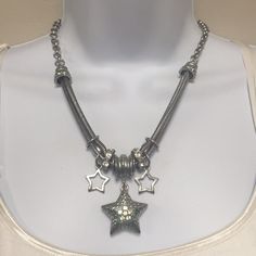 Patina Encrusted Star Charm On A Thick Silver Chain 22” Adjustable Length - Multi Textured Strands With Rhinestone And Mini Star Charms - Rustic Charm At Its Finest! Silver Star-shaped Metal Necklace, Silver Metal Chain Necklace With Star Charm, Silver Star Chain Necklace, Star-shaped Rhinestone Jewelry, Star-shaped Rhinestone Party Jewelry, Black Leather Jeans, Western Necklace, Western Necklaces, Leather Jeans