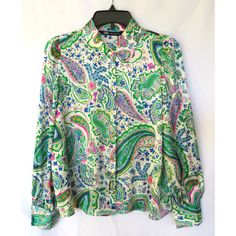 Brand New W/ Tag Original Price: $45.90 Women's Sz M Peter Pan Collar Long Cuffed Sleeve Front Gold Button Closure Multi-Color Satin Print Fabric 100% Polyester Machine Wash Cold Measurements: Shoulder Width: 13" Pit To Pit: 19.25" Length: 23.5" Sleeve Length: 21.5" Luxury Multicolor Button-up Blouse, Yellow Button Up Shirt, Red Button Up Shirt, Oversized Button Down Shirt, Paisley Print Blouse, Red Tunic, Green Paisley, Cuffed Sleeve, Satin Long Sleeve