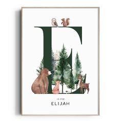 the letter d with animals and trees on it