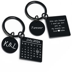 three personalized keychains with names and dates on them, one is for him and the other is for her