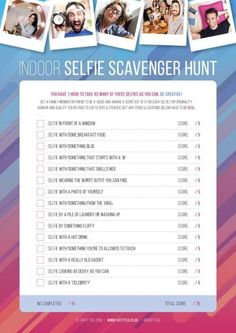 a flyer for an indoor selfie scavenger hunt with pictures of people on it