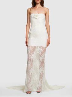 Laize stretch lace long dress - Giuseppe Di Morabito - Women | Luisaviaroma Lace Long Dress, Bridal Shower Outfit, All Over Pattern, Wedding Dress Accessories, Lace Dress Long, White Hot, Shearling Jacket, Wedding Dresses Simple, Stretch Lace