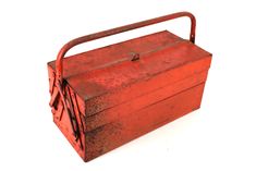 an old red metal box on a white background with clippings to the side