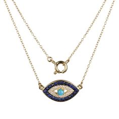 18K Yellow Gold Plated Sterling Silver Stabilized Turquoise, Created Blue and White Sapphire Evil Eye Pendant Necklace with Cable Chain, 18" Elegant Blue Charm Necklace With Adjustable Chain, Blue Pendant Chain Necklace With Adjustable Chain, Blue Round Chain Necklace, Blue Turquoise Necklace With Delicate Chain, Blue Pendant Chain Necklace With Clavicle Chain, Blue Pendant Chain Necklace With Delicate Chain, Blue Pendant Clavicle Chain Necklace, Gold Turquoise Necklace With Adjustable Chain As A Gift, Blue Pendant Necklace With Delicate Chain