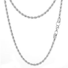 Rope chain silver is designed in Los Angeles using Premium 316L Stainless Steel silver coated in rhodium, which secures an outstanding shine and durability. Bold and shiny, this 5mm rope-style men's necklace shows off its sophisticated style. This silver necklace has a rope-style design, allowing additional durability as each line safely intertwines with every twist in the chain. Add this item to your accessories collection and get endless possibilities for enhancing your daily style and strikin Silver Stainless Steel Rope Chain Necklace, Silver Coat, Chain Silver, Accessories Collection, Men's Necklace, Daily Style, Rope Chain, Men's Accessories, Sophisticated Style