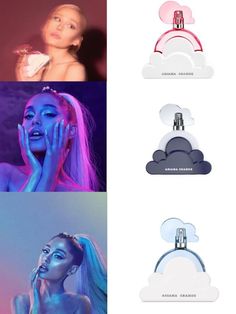 four different images of the same woman with blue hair and makeup on her face, one in