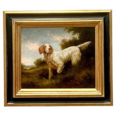 an oil painting of a dog in a field