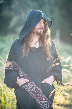 Mens Hooded Poncho Green Cashmere Yak Wool Pockets Tribal Embroidery Celtic Gypsy Alternative Festival Mexican Primitive Large Hood AJJAYA Mens Kimono Jacket, Ritual Clothing, Green Poncho, Poncho Men, Mens Poncho, Male Kimono, Viking Clothing, Hemp Clothing, Festival Pants