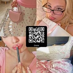 a woman in pink dress holding a cell phone next to a qr code image