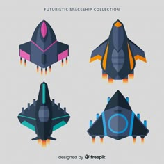 four futuristic spaceships with different shapes and colors