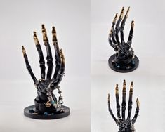 four different views of the skeleton hand sculpture