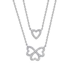 Formal Double Heart Necklace With Brilliant Cut, Formal Double Heart Brilliant Cut Necklace, Fine Jewelry Double Heart Diamond Necklace With Charm, Fine Jewelry Double Heart Charm Diamond Necklace, Dainty Double Heart Cubic Zirconia Jewelry, Diamond White Double Heart Jewelry For Formal Occasions, Fine Jewelry Double Heart Necklace With Cubic Zirconia, Diamond White Double Heart Formal Jewelry, Formal Cubic Zirconia Diamond Necklace With Heart Charm