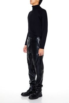 Pair of faux leather slim - fit pants featuring mid - rise waist, belt loops, zip fly and button - front closure, slanted front pockets, leg cargo flap pockets, and back patch pockets. | Shell: 100% polyester | Other contents: 100% polyurethane | Hand wash cold | Model is 5'8" and wearing Size 32 | Men Slim - Fit Faux Leather Cargo Pants Leather Cargo Pants, Slim Fit Pants, Fit Pants, Back Patch, Slim Fit Men, Waist Belt, Flap Pocket, Cargo Pants, Mid Rise