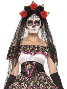 . Catrina Pink Dresses, Veil With Headband, Day Of The Dead Makeup, Headband Veil, Printed Gloves, Dead Makeup, Yellow Costume, Spanish Woman, Harley Quinn Costume