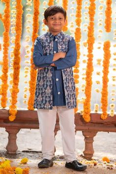 Dark blue nehru jacket with thread embroidery. Comes with churidar and a kurta. - Aza Fashions Boys Kurta, Nehru Jacket, Nehru Jackets, Thread Embroidery, Churidar, Kurta Set, Mandarin Collar, Aza Fashion, Kids Boys