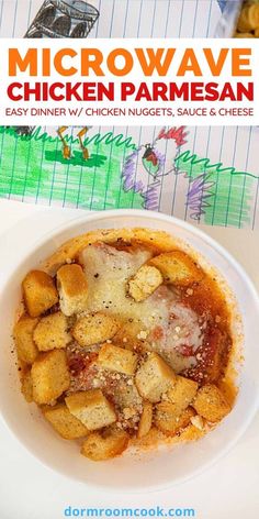 microwave chicken parmesan in a white bowl on a table with the title above it