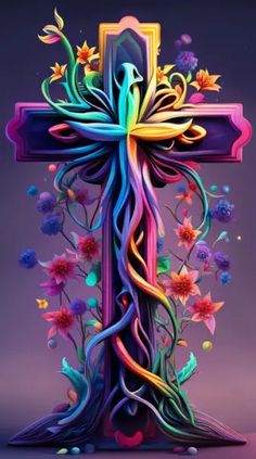 a colorful cross with flowers and vines on it's sides, against a purple background