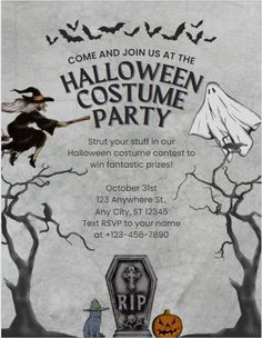 a halloween party flyer with an image of a witch on a broom and pumpkins