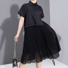 Black Pleated Hem Lapel Shirt Dress Summer Korean Style, Casual Midi Dress, Pleated Shirt Dress, Pleated Shirt, Summer Black Dress, Dress Chiffon, Midi Dress Casual, Dress Robes, Solid Dress