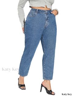 Katykey - Womens Plus Size Casual Jeans: Solid Button Fly High Rise Tapered Leg Denim Pants Medium Wash Button Closure Tapered Leg Bottoms, Medium Wash Tapered Leg Bottoms With Button Closure, Casual Cropped Leg Jeans With Button Closure, Tapered Leg Jeans With Button Closure In Denim Blue, Tapered Leg Jeans, Fly High, Womens Casual, High Rise Jeans, Plus Size Casual