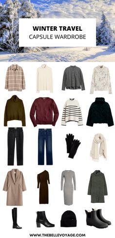 the winter travel capsule wardrobe is full of sweaters, jackets and hats for all ages