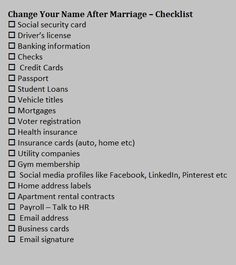 a checklist with the words change your name after marriage