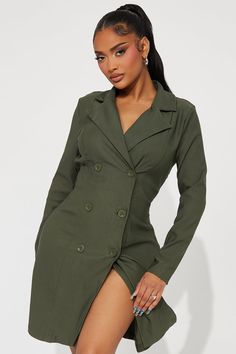 Available In Black, Olive, And Green. Blazer Mini Dress Collar Long Sleeve Button Detail Stretch 97% Polyester 3% Spandex Imported | Sarah Stretch Blazer Mini Dress in Olive Green size Large by Fashion Nova Green Blazer Dress, Blazer Mini Dress, Dress Collar, Green Blazer, Black Olive, Baddie Quotes, Blazer Buttons, Blazer Dress, Collar Dress