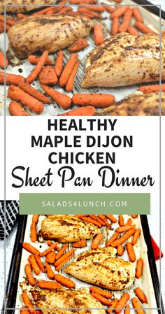 chicken and carrots on a sheet pan with text overlay