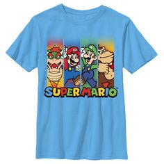 Some of your favorite cast of video game characters take centerstage on the Nintendo Super Mario Characters in Stripes Turquoise T-Shirt. Mario, Luigi, Bowser, and Donkey Kong are featured in front of bright colored stripes on a durable youth turquoise tee. Size: small. Color: blue. Gender: male. Age Group: adult. Pattern: Fictitious Character. Material: Cotton. Luigi Bowser, Super Mario Characters, Mario Luigi, Mario Brothers, Game Characters, Donkey Kong, Bright Colored, Boy Tees, Video Game Characters