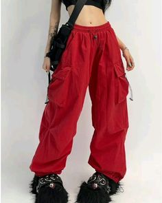 Casual High Waist Harem Pants For Streetwear, Red Baggy Hip Hop Pants, Red Baggy Parachute Pants For Streetwear, Streetwear Harem Pants With Cargo Pockets, Streetwear Full-length Harem Pants With Cargo Pockets, Streetwear Full Length Harem Pants With Cargo Pockets, Red Baggy Parachute Pants With Cargo Pockets, High-waisted Harem Pants With Pockets For Streetwear, Baggy Hip Hop Parachute Pants