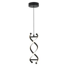 a black and white light fixture with a spiral design hanging from the ceiling in front of a