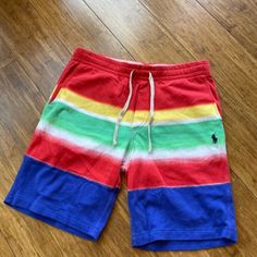 Polo Ralph Lauren 9" Classics French Terry Shorts Multicolor Striped Mens Sz S Casual Multicolor Color Block Bottoms, Casual Color Block Bottoms For Summer, Sporty Multicolor Bottoms With Relaxed Fit, Sporty Multicolor Relaxed Fit Bottoms, Casual Relaxed Fit Color Block Bottoms, Spring Color Block Cotton Shorts, Multicolor Bermuda Bottoms For Spring, Summer Cotton Color Block Shorts, Casual Color Block Shorts For Spring