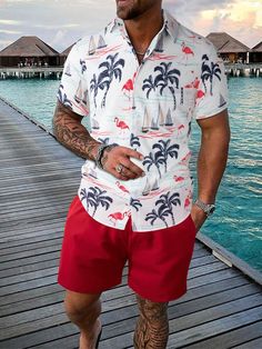 Red Boho Collar   Tropical  Embellished Slight Stretch Summer Men Clothing Tropical Print Shirt, Boho Tropical, Motif Tropical, Graphic Print Shirt, Red Boho, Floral Dresses Long, Coconut Tree, Ribbed Tank Tops, Tree Print