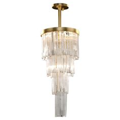 a chandelier that is made out of glass and gold plated metal fixtures