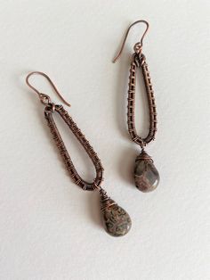 Wire Wrapped Copper Teardrop Earrings, Artisan Teardrop Earrings For Pierced Ears As Gift, Wire Wrapped Copper Teardrop Dangle Earrings, Artisan Teardrop Earrings As Gift, Teardrop Copper Wire Jewelry For Gifts, Handmade Minimalist Dangle Wrap Earrings, Minimalist Wire Wrapped Teardrop Earrings, Bohemian Teardrop Pendant Jewelry With Ear Wire, Minimalist Handmade Dangle Wrap Earrings