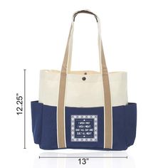 Dual Color Shoulder Tote Bag - Details: Large Main Compartment with Snap Fastner, 13"x12.5" Overall Width and Height - 24”(L) x 1.5”(W) Reinforced Straps, Two 3.875”W x 6.625”H Side Pockets 5.75”(W) x 6.75”(H) Front Pocket Large Rectangular Canvas Shoulder Bag, Large Rectangular Canvas Bags, Large Canvas Shoulder Bag For Everyday Use, Large Rectangular Canvas Bag For Daily Use, Large School Bag With Large Capacity, Large Rectangular Canvas Bag For Everyday Use, Blue Rectangular Canvas Bag With Top Carry Handle, Large Canvas Shoulder Bag For Errands, Bag Details