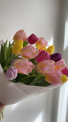 a bouquet of tulips is held up by someone's hand in front of a white wall