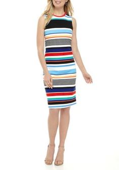 Tiana B Women's Multi Stripe Textured Midi Sheath Dress. Made from textured material, this midi sheath dress from Tiana B boasts a sleeveless design and multicolored stripes. Striped Midi Bodycon Dress, Fitted Sleeveless Midi Dress With Vertical Stripes, Multicolor Dress With Vertical Stripes, Multicolor Vertical Stripe Dress, Multicolor Sleeveless Bodycon Midi Dress, Multicolor Bodycon Sleeveless Midi Dress, Stripes Texture, Midi Sheath Dress, Dress Medium