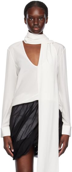 Bias-cut silk satin blouse. · Front-to-back reversible construction · Scoop neck · Detachable scarf at collar · Button vent at sleeves · Two-button French cuffs Supplier color: White Chic Silk Crepe Blouse For Office, Chic Long Sleeve Silk Crepe Tops, Silk Long Sleeve Blouse For Layering, Silk Long Sleeve Tops For Layering, Silk Tops For Layering In Fall, Silk Top For Layering In Fall, Chic Long Sleeve Silk Crepe Blouse, Evening Long Sleeve Silk Crepe Top, Elegant Silk Blouse For Layering