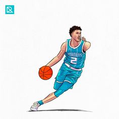 a drawing of a basketball player dribbling the ball with his right hand while running