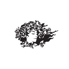 a black and white drawing of a woman with roses in her hair