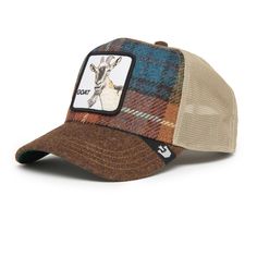 a brown and blue plaid hat with an image of a giraffe on it