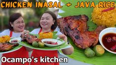 two women in red aprons holding plates with food on them and the words chicken inaal - java rice