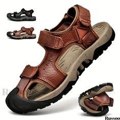 Russoo - High-Quality Mens Outdoor Hiking Sandals: Durable, Non-Slip Design for Trekking Adventures, Comfortable Beach Footwear for Spring and Summer Seasons Brown Sport Sandals For Summer Outdoor Activities, Non-slip Brown Sport Sandals For Vacation, Brown Non-slip Sport Sandals For Vacation, Casual Breathable Brown Sandals, Brown Casual Breathable Sandals, Casual Brown Breathable Sandals, Adjustable Sport Sandals For Beach And Outdoor Use, Adjustable Sport Sandals For Outdoor Beach Season, Adjustable Sport Sandals For Beach Season And Outdoor Use