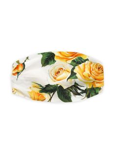 white/yellow/green cotton all-over rose print draped detailing elasticated strap Designer Childrenswear, Headband White, Tiered Dresses, Hair Band Accessories, Cotton Headband, Dolce And Gabbana Kids, White Headband, Pink Sandals, Rose Print